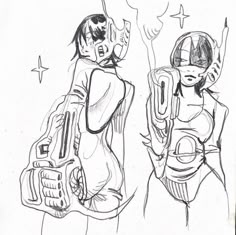 a drawing of two women with helmets on and one is holding a cell phone in her hand