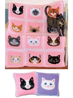 there is a crocheted blanket with cats on it and two pictures of the same cat