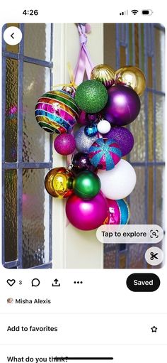 a bunch of ornaments hanging from the side of a door with an instagram message below