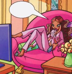 a woman sitting on a pink couch in front of a laptop computer with a speech bubble above her head