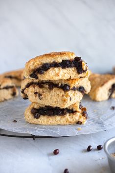 chocolate chip cookies stacked on top of each other