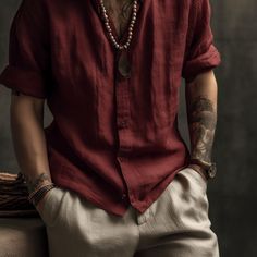 Mens Linen Shirt EMBER in Red is made from the highest quality linen fabric. It features a perfect fit and natural button options. Linen Shirt Designs Men, Man Boho Style, Linen Fits, Boho Men Style, Boho Men, Man Clothing, Summer Yellow, Linen Clothing