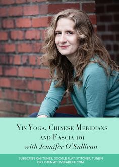 a woman sitting in front of a brick wall with the words yin yoga, chinese meridians