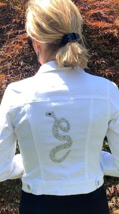 Custom made white jean jacket w silver sparkle snake. Size small. Fits true to size. I'm a size 4/small. Can custom make in any size or color. White Jean Jacket, Womens Jackets, Silver Sparkle, Jeans White, White Jacket, Jean Jacket, Favorite Outfit, Sequin, Jackets & Coats