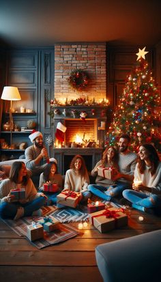 a group of people sitting in front of a christmas tree with presents on the floor