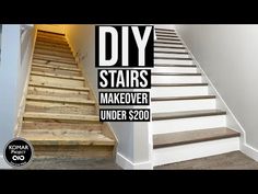 the stairs are being painted white and have wooden treads on them with black lettering that reads diy stairs makeover under $ 500