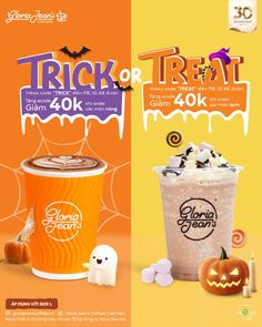 two halloween drinks are shown in front of an orange and white background with the words trick or treat on it