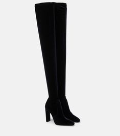 Auteuil 105 velvet over-the-knee boots in black - Saint Laurent | Mytheresa Saint Laurent Boots, Heel Boots For Women, Leather Knee Boots, Velvet Boots, 2024 Outfits, Black Knee High Boots, Black Accessories, Saint Laurent Shoes, Black Knees