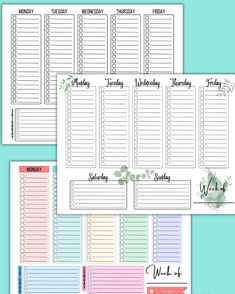 the printable weekly planner is shown in three different colors and sizes, including one for each