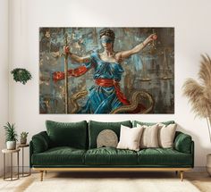 a living room with a green couch and painting on the wall above it is a lady justice statue