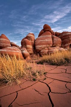 some rocks and grass in the desert under a blue sky