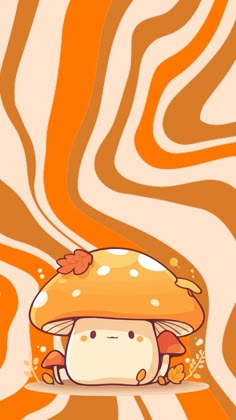 an orange and white background with a mushroom on it