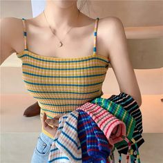 Spaghetti Strap Shirt, Women Knitting, Slim Fit Crop Top, Spaghetti Strap Tank Top, Harajuku Streetwear, Sleeveless Tee, Ribbed Crop Top, Striped Crop Top, Knit Crop Top