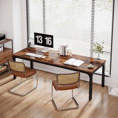 a wooden table with two chairs and a clock on it in front of a window