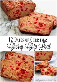 some type of christmas berry chip loaf on a white plate with the words, 12 dates of christmas's cherry chip loaf