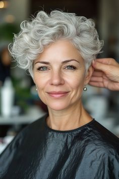 Curly Quiff, Grey Hair Over 50, Grey Curly Hair, Short Curly Hairstyles, Pearl Gray