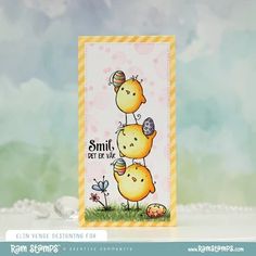 a card with two chicks on it and the words smile be happy written in black ink