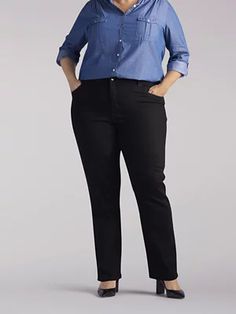 Women’s Flex Motion Regular Fit Trouser Pant (Plus) in Indigo Rinse Slim Fit Straight Work Pants, Slim Fit Straight Hem Work Bottoms, Slim Fit Workwear Bottoms With Straight Hem, Slim Fit Bottoms With Straight Hem For Work, Office Wear Tapered Leg Work Pants, Relaxed Fit Straight Work Pants, Straight Workwear Bottoms With Pockets, Straight Bottoms With Pockets For Workwear, Casual Slim Fit Bottoms For Office