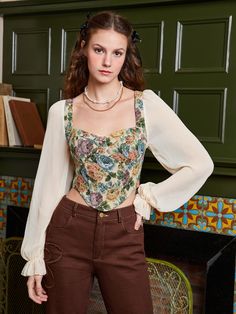 Multicolor Boho Collar Long Sleeve Woven Fabric Floral Top Embellished Non-Stretch  Women Tops, Blouses & Tee Floral Corset Top Outfit, Flower Tops Outfit, Corset With Sleeves, Sleeves Illustration, Floral Blouse Outfit, Blouse Designs For Saree, Floral Blouse Designs, Floral Corset Top, Corset Fashion Outfits