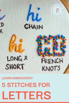 5 stitchers for letters with the words learn embroidery on them and an image of different types