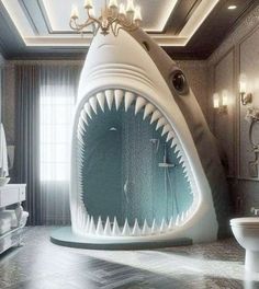 a bathroom with a shark shaped bathtub in it