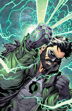 the green lantern is holding his fist up in front of an electric lightening background