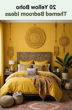 a bedroom with yellow walls and pillows on the bed