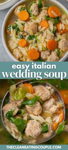 two pictures showing different types of italian wedding soup with meat, pasta and vegetables in it