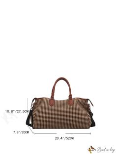 BirdinBag - Double Handle Duffel Bag with Houndstooth Pattern Fall School Satchel Bag, Fall School Shoulder Bag, Travel Bags With Detachable Handle For Fall, Fall Travel Bag With Detachable Handle, Casual Fall Satchel With Top Carry Handle, Fall School Tote Shoulder Bag, Fall Travel Hobo Bag, Rectangular, Fall Travel Rectangular Hobo Bag, Large Capacity Satchel For Travel In Fall