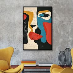 an abstract painting hangs on the wall above two yellow chairs and a coffee table in a modern living room