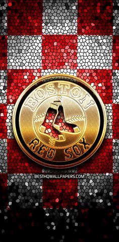 a red and white checkered background with a gold boston red sox logo on it