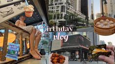 a collage of photos with food and buildings in the background, including a woman sitting on a bench