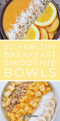 healthy breakfast smoothie bowls with bananas and oranges