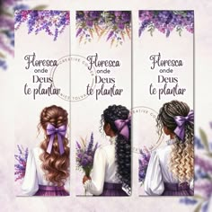 three bookmarks with different hairs and purple flowers on the front, one is wearing a bow