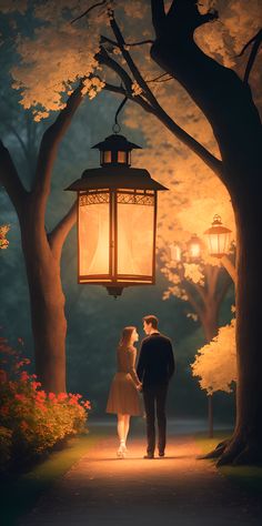 a man and woman are standing under a lantern in the park at night, holding hands