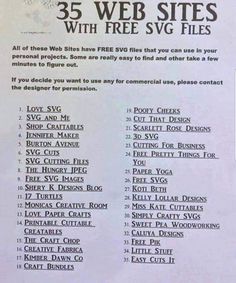 a white paper with black writing on it that says 35 web sites with free svg files