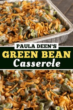 green bean casserole in a pan with text overlay