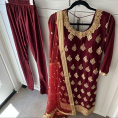 New! Comes With Three Pieces: Pajami (Pants), Kameez (Long Shirt), And Dupatta/Chunni (Scarf). Model: @Muneezy4 Size: Small Measurements: Shirt: 18” Pit To Pit, 45” Length Pants: 42” Length Use The “Buy Now” Or “Add To Bundle” Button To Purchase Festive Red Embroidered Pant Set, Red Bollywood Pant Set For Diwali, Bollywood Style Red Pant Set For Diwali, Traditional Red Pant Set With Resham Embroidery, Traditional Red Pant Set For Wedding, Traditional Red Wedding Pant Set, Embroidered Fitted Anarkali Pant Set, Fitted Embroidered Anarkali Pant Set, Fitted Dabka Pant Set For Eid