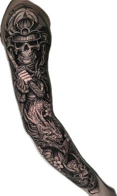 a man's arm covered in black and grey ink with a skull on it