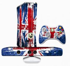 an image of a video game console with the british flag on it and two controllers