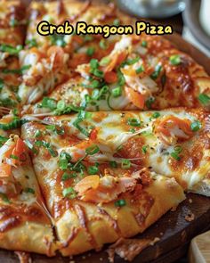 a close up of a pizza on a wooden board