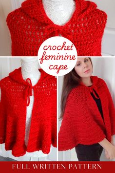 a woman wearing a red crochet ponchle cape with the words crochet feminine cape written below it