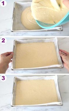 the steps to make batter in a pan on top of a marble counter with text above it