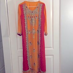 Fabric Pure Chiffon Work Hand.Trouser In Silk.Dupata In Chiffon To.Size Gone L53” Chest22” Arm22”. Hand Work Dress, Dress Pakistani, Pure Chiffon, Work Dress, Hand Work, Pakistani Dresses, Orange Red, Color Orange, Dresses For Work