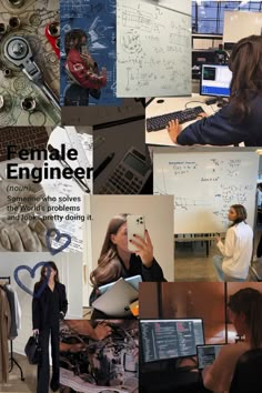 a collage of photos with people working on computers and writing on the whiteboard