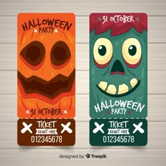 two halloween tickets with faces on them