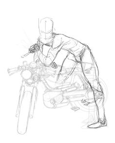 a drawing of a man riding a motorcycle with his hand on the handlebars