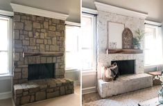 two pictures of a stone fireplace in a living room with white walls and flooring