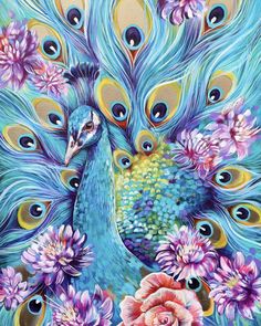 a painting of a peacock surrounded by flowers