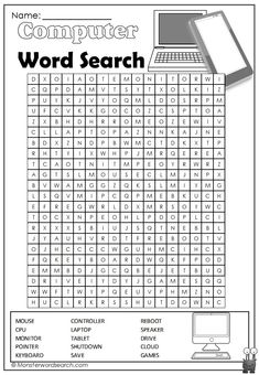 the worksheet for computer word search is shown in black and white with an image of